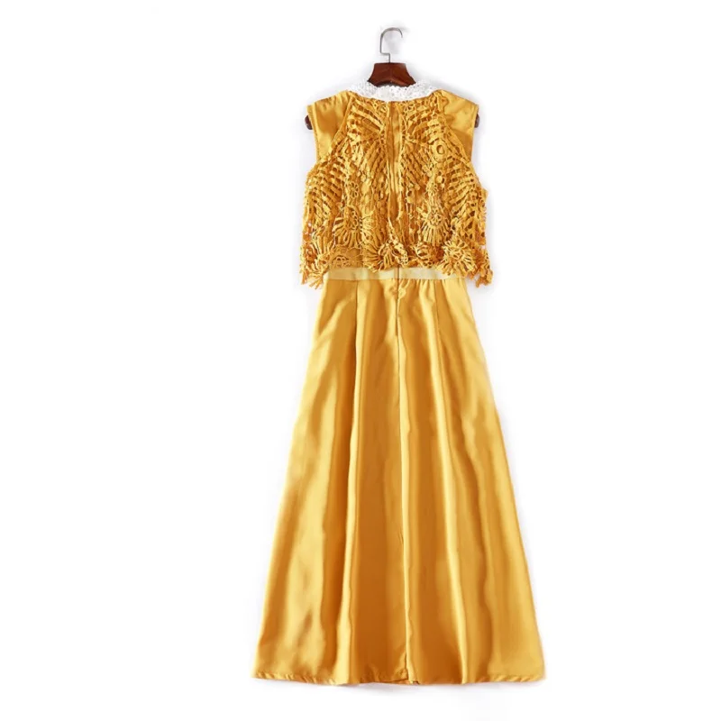 

Piece Dress One New Arrival Summer Party Special Occasion Women White Turn-down Collar Lace Embroidery Sexy Yellow Dress