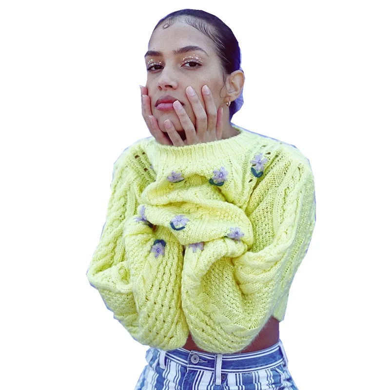 

Spring Yellow Short Women Sweater O-neck 2020 New style Jacket Languid Hook Flower Lantern Long Sleeve Short Knit Top