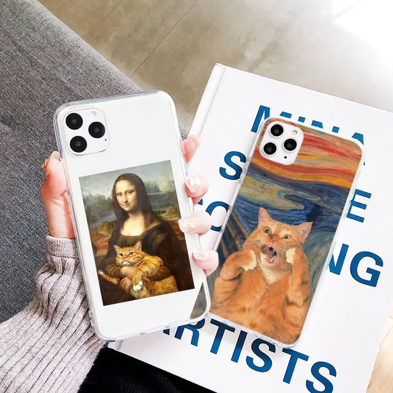

Monalisa Art Abstract cat Phone Case Transparent soft For iphone 12 11 13 7 8 6 s plus x xs xr pro max mini
