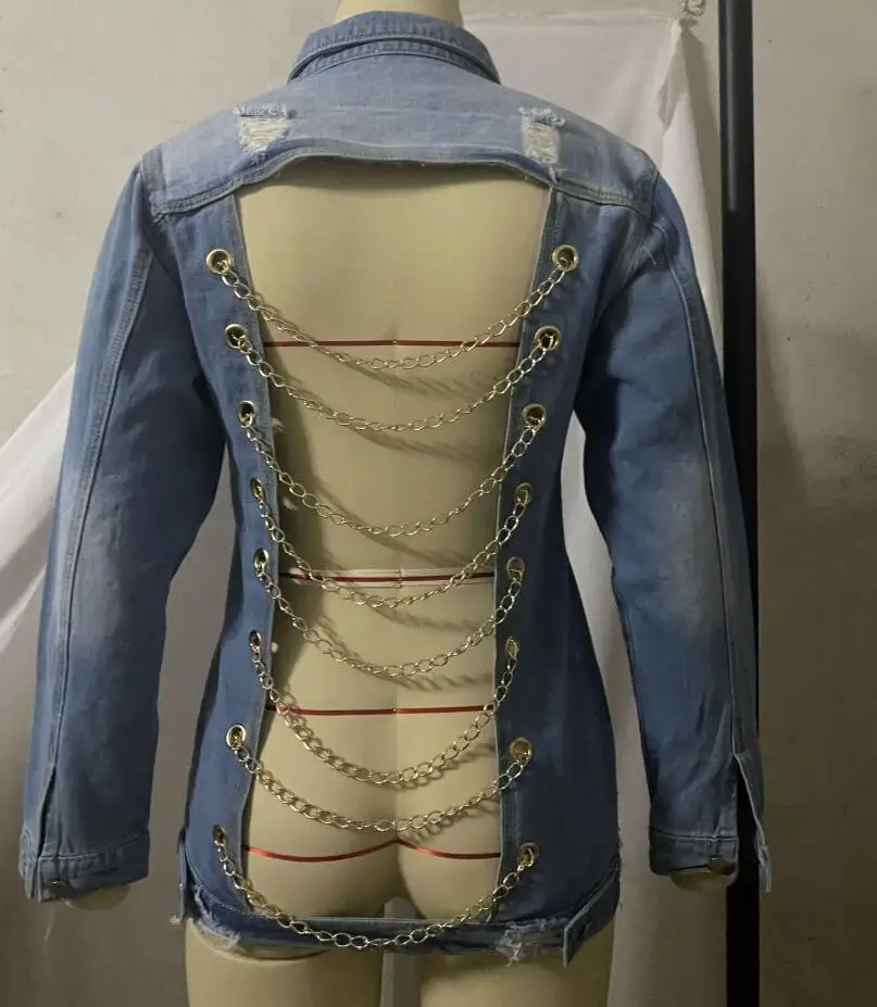 

2020 Autumn new Women Hole Denim jacket fashion Back chain Jean jackets Female Coat long sleeve Outerwear p1798