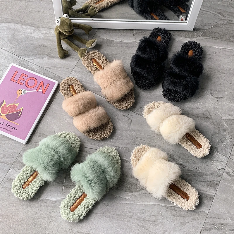 Зимние теплые меховые тапочки из натуральной овчины женская домашняя обувь