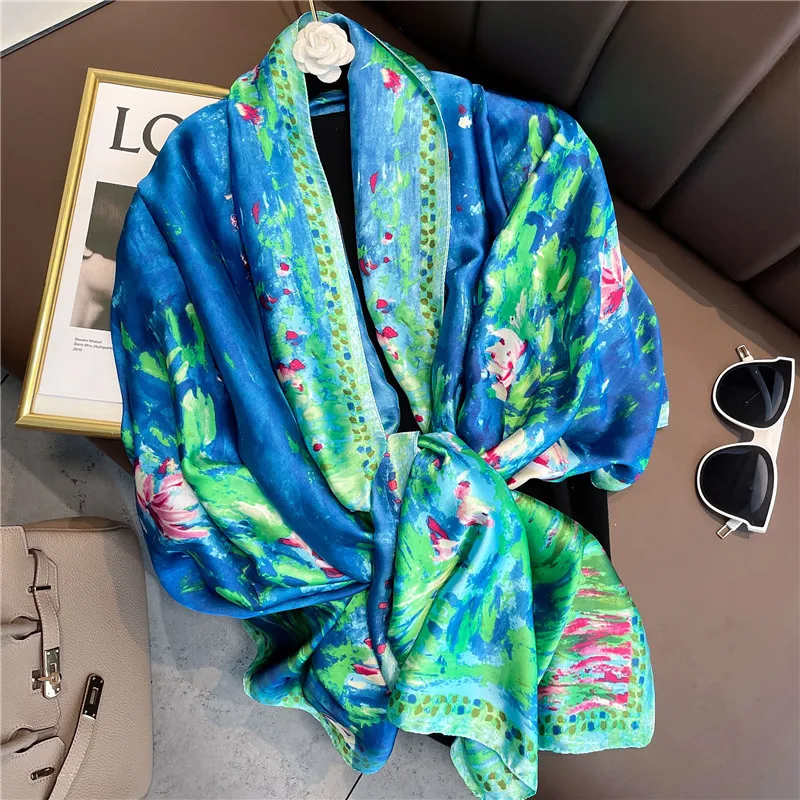 

Silk Beach Stole Scarf Women Neckerchief Female Vintage Hijab Print Headband Shawls And Wraps Echarpe Pashmina Bandana 2021