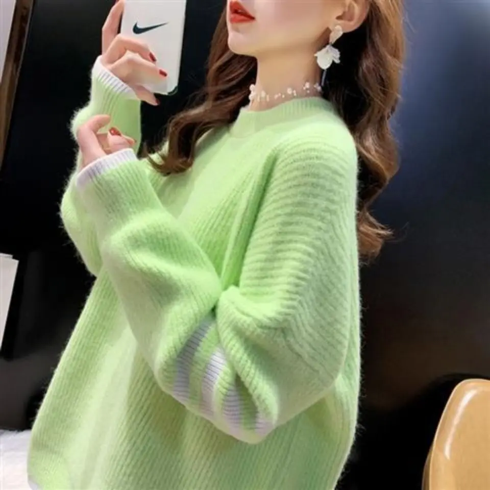 

Autumn And Winter New Green Lazy Wind Solid Color Pullover Sweater Round Neck Loose Thin Top Women's Fashion