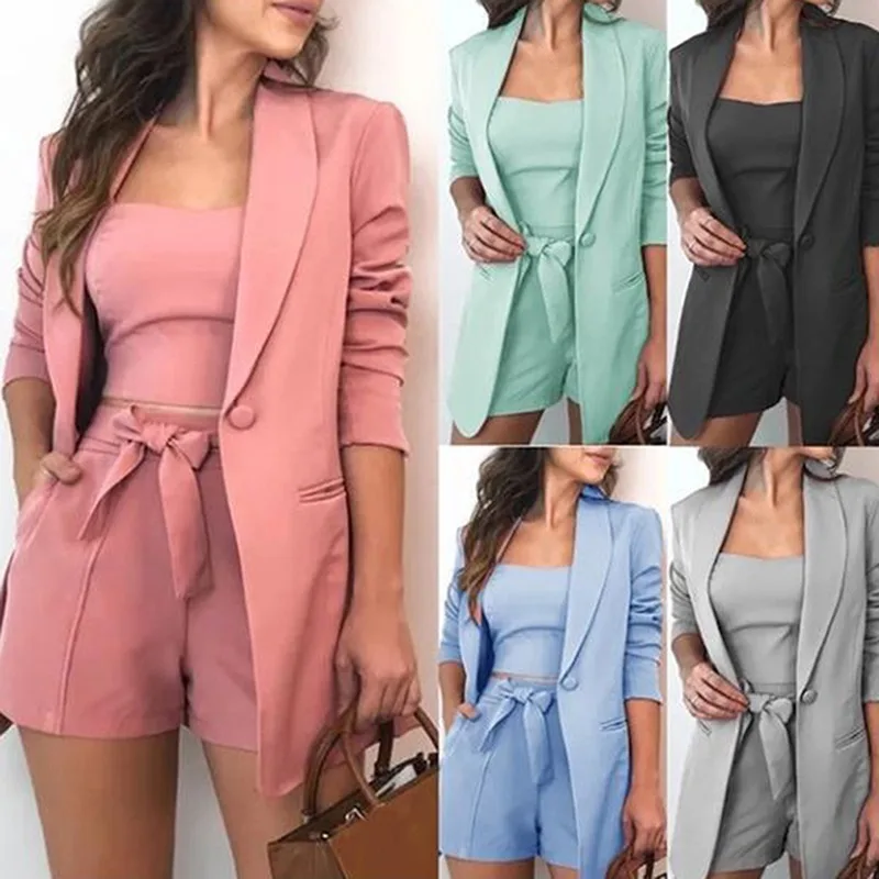 

Fashion Women Clothing Blazer Sexy Slash Neck Office Long Sleeve Suit Coat+Skirt Set Pink Blazer