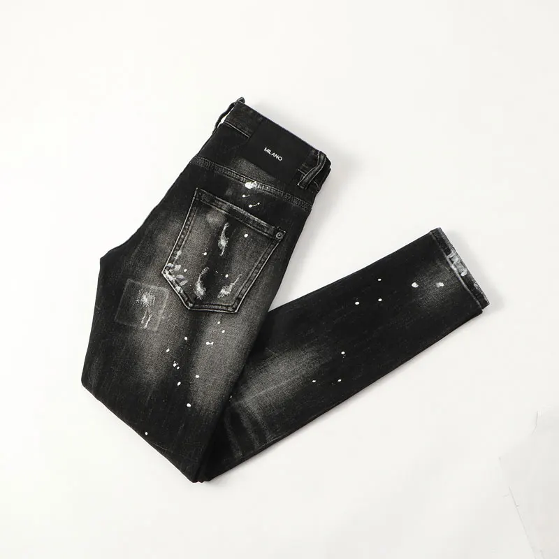 European American Street Fashion Men Jeans Retro Black Gray Destroyed Slim Ripped Jeans Men Designer Hip Hop Denim Punk Pants