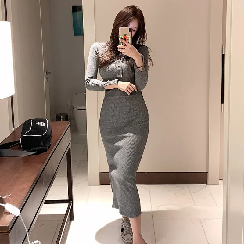 

Vestidos Korean Women Sexy Split Fork Slim Was Thin Knitting Dresses 2021 Autumn Winter New Female Long Sleeve Midi Office Dress
