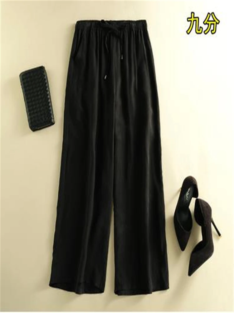 Женские длинные брюки с эластичным поясом летние однотонные из 100% шелка широкими
