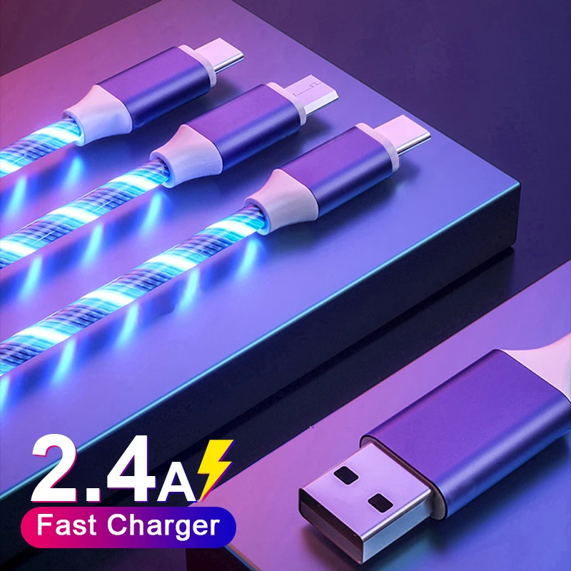 

Зарядный USB-кабель 3 в 1, Micro USB Type-C, 8 Pin, Светодиодный светящийся зарядный кабель, зарядный провод для смартфона, для iPhone 12, Xiaomi 11, Redmi