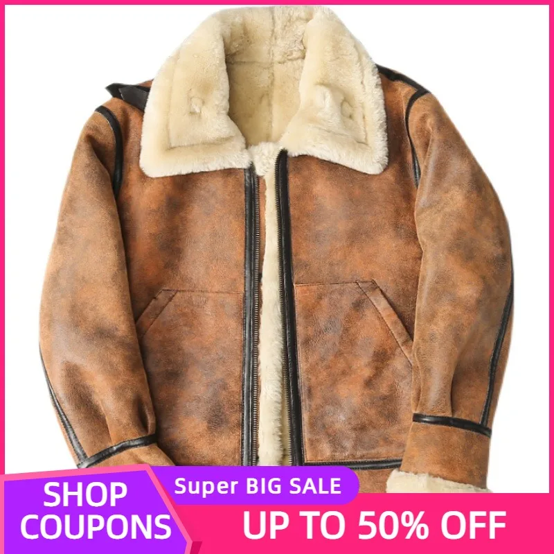 

2021 Brown Genuine Shearling Coat Casual Style Plus Size 10XL Real Natural Sheepskin Russian Winter Thick Warm B3 Jacket