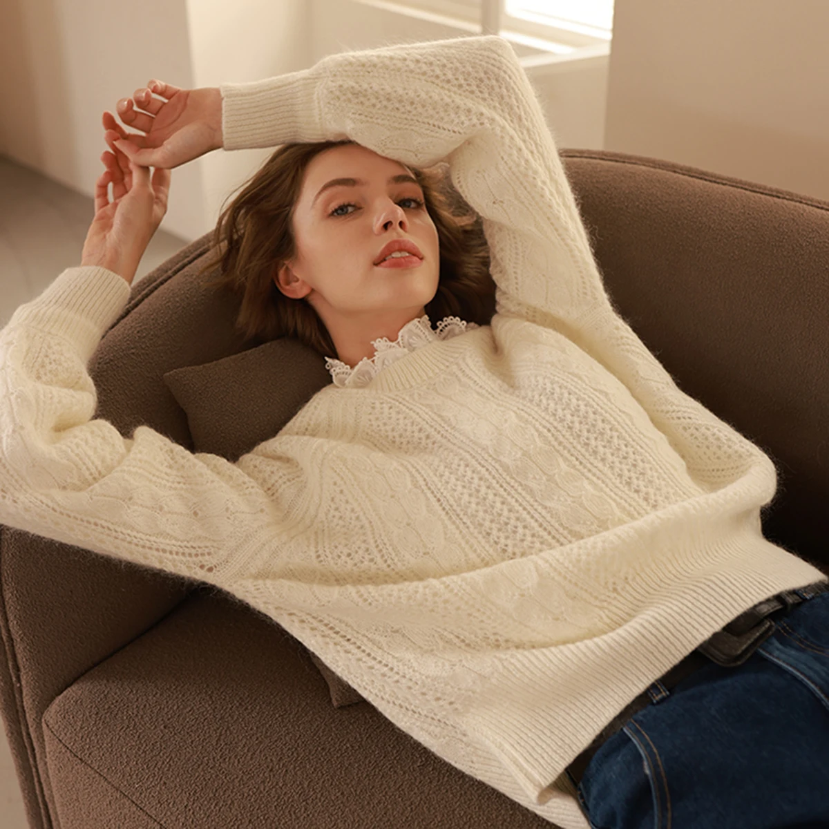 

Loose Twisted Knitted Sweater Retro O-neck Long Sleeve Elegant Pullovers Autumn Solid Luxury Casual Mohair Women Jumper Tops