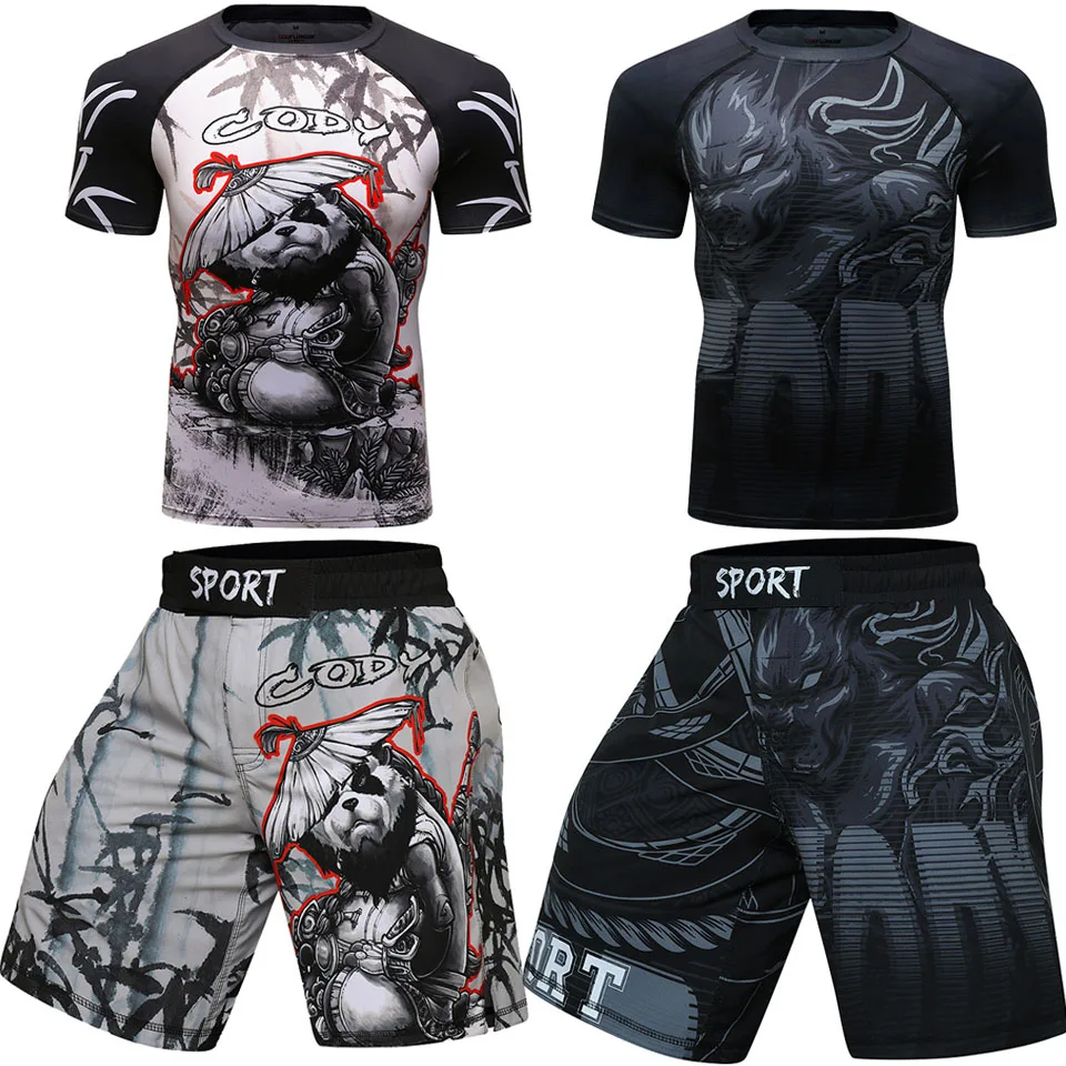 MMA BJJ GI Rashguard T Shirts+Muay Thai Shorts Rash Guard Clothing  Boxing Jerseys MMA Compression T-shirt Men Kickboxing Sets
