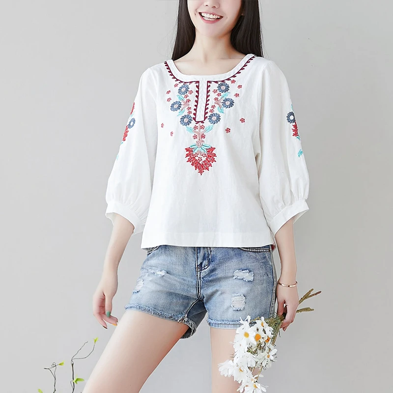 

Ethnic Vintage Floral Embroidery Blouses Women Loose Half Lantern Sleeve Shirt Cotton Linen Ladies Tops Casual Blusas