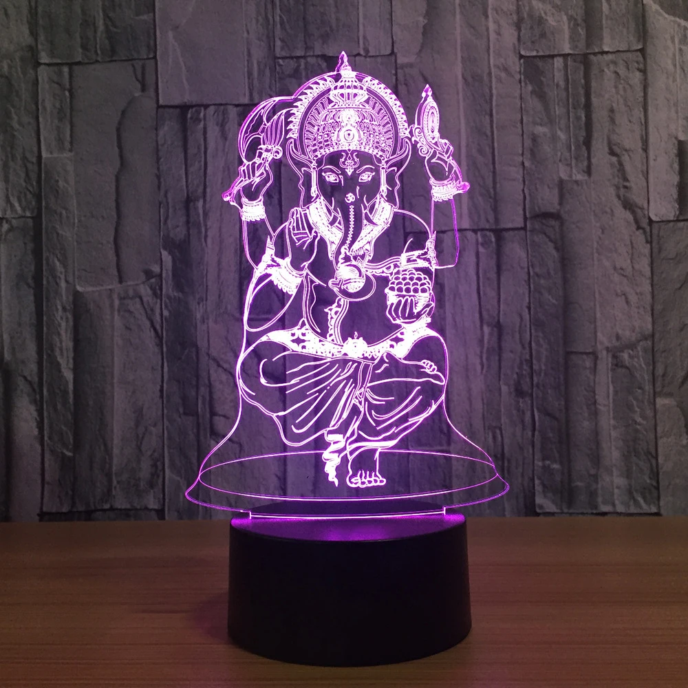 3D светодиодный ночник индийский лорд слон визуальный 7 цветов Ganesha настольная