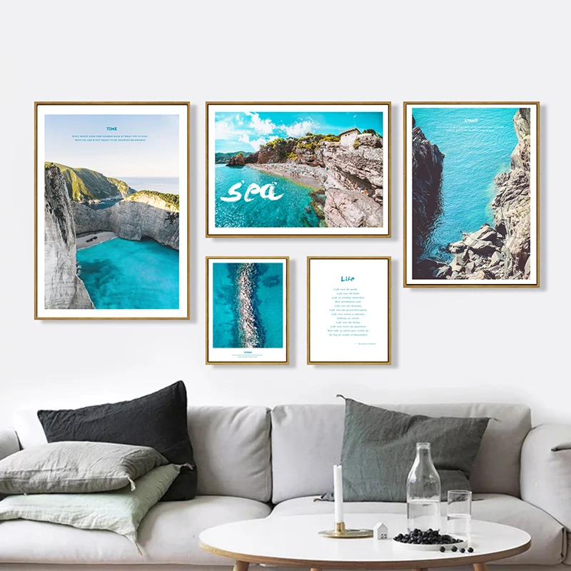 

Nordic Blue Sea Hills Canvas Painting Prints Poster for Living Room Bedroom Modern Green Plant Wall Art Pictures Home Decoration