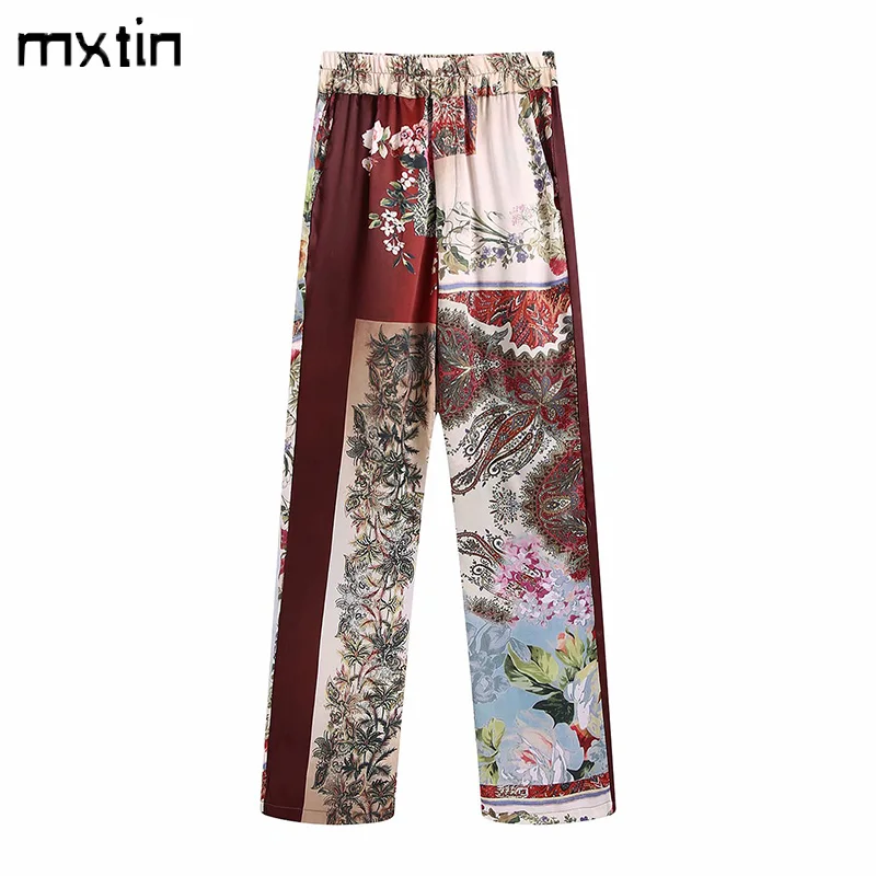 

MXTIN 2021 Women Spring Vintage Patchwork Print Straight Pants Fashion Elastic Waist Fly Side Pockets England Style Trousers