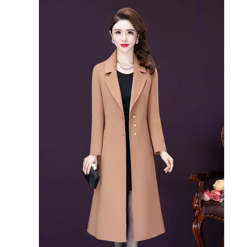 

Autumn And Winter Women's Woolen Coat Turn Down Collar New Long Sleeve Solid Color Fashion Slimming Temperament Length Coat