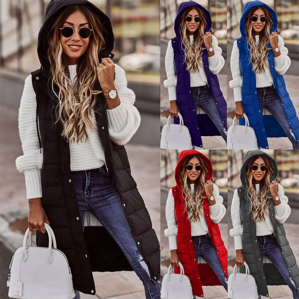 Women's Winter Long Vest Fashion Hooded Sleeveless Casual Warm Jacket Vest Jacket Cotton Stand Collar Plus Size Jacket