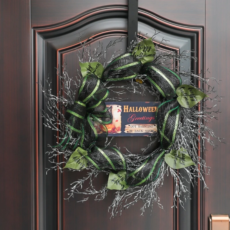 

20 Inch Happy Halloween Sign Artificial Wreath Leaf Ribbon Ornaments for Front Door Windows Fireplaces Wall Hanging Decorations