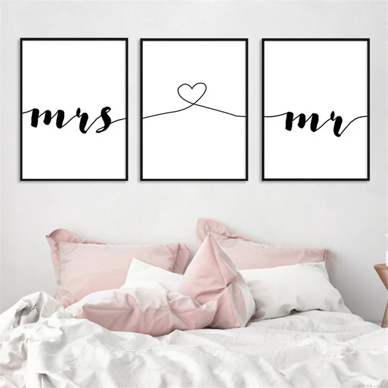 3 шт. настенная живопись Mr Mrs Words Печать на холсте картина Сердце Линия картинки