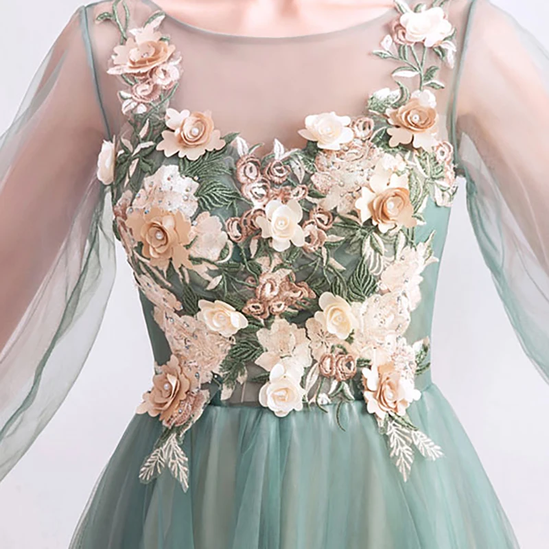 

Green Luxury Party Dress Illusion Lace Beading Appliques O-Neck A-LineFull Tulle Floor-Length Elegant Women Formal Evening TS099
