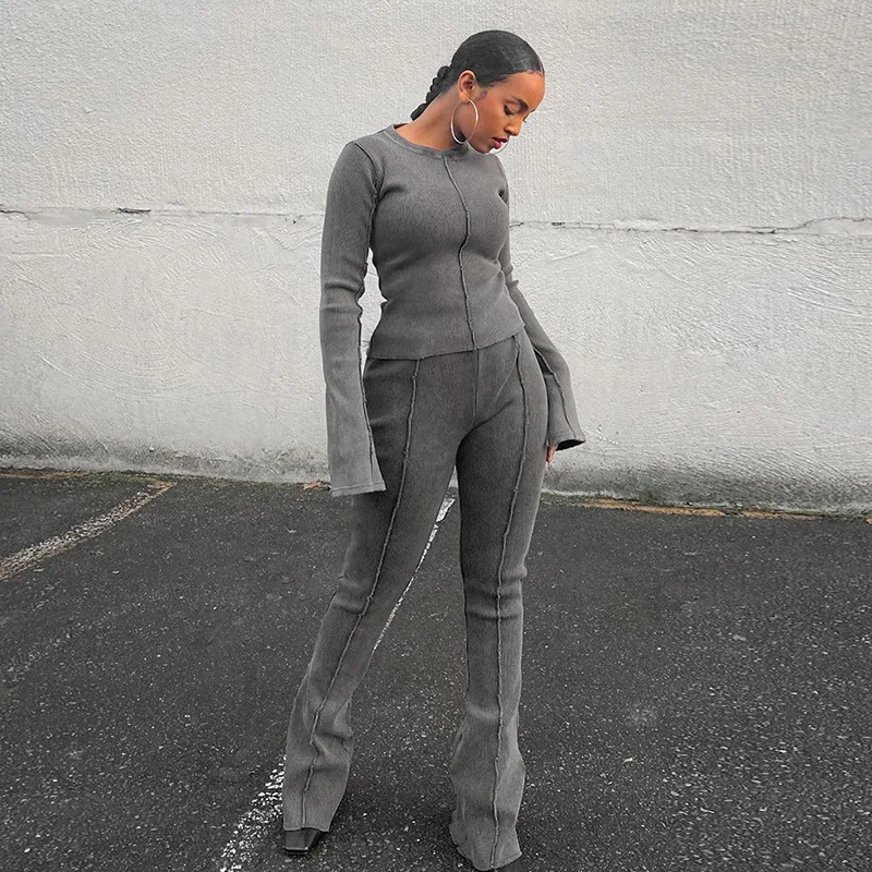 

Модная женская осенняя новая Однотонная футболка с круглым вырезом с высокой талией и штанами-рогами спортивный костюм