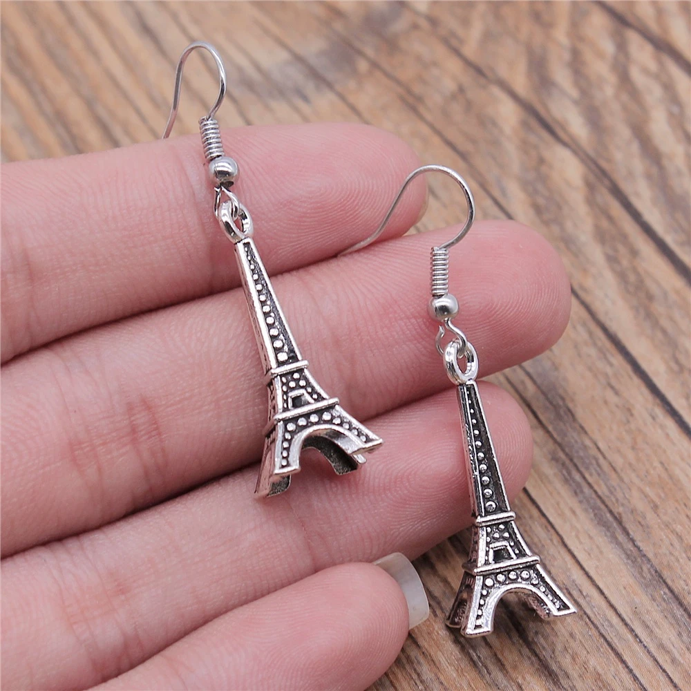 Vintage Antique Silver Color 29x11x11mm 3D Eiffel Tower Charms Dangle Earrings Drop For Women |