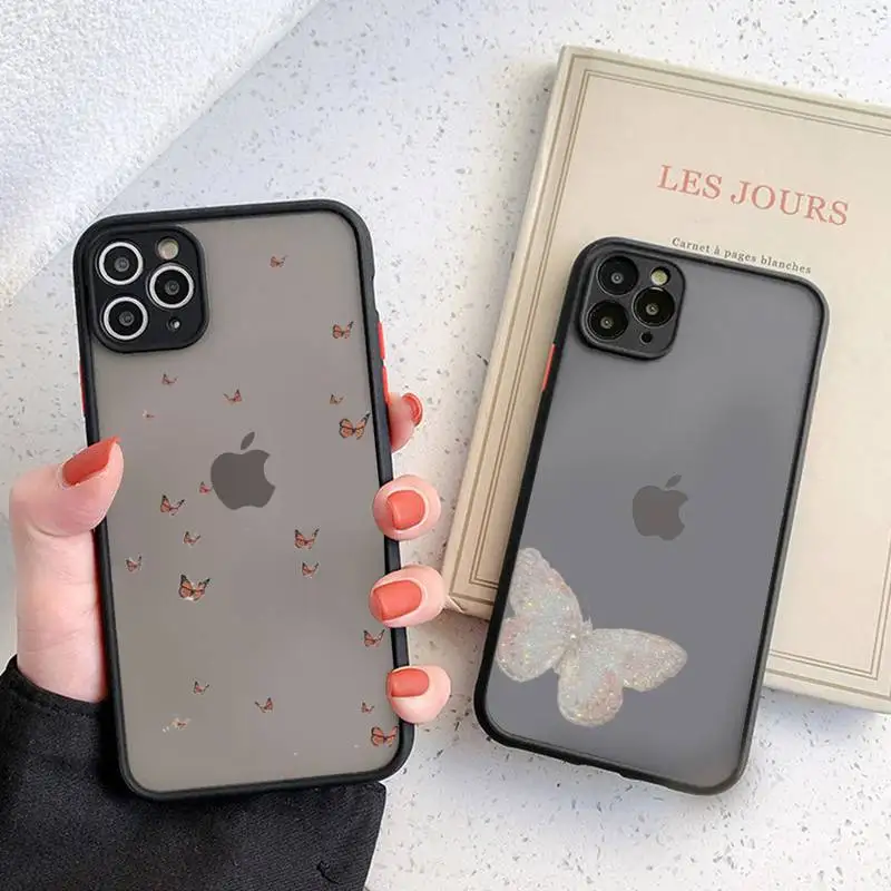 

Cute Butterfly Blue Phone Case Black Transparent Matte For IPhone 7 8 11 12 S Mini Pro X XS XR MAX Plus Cover Shell