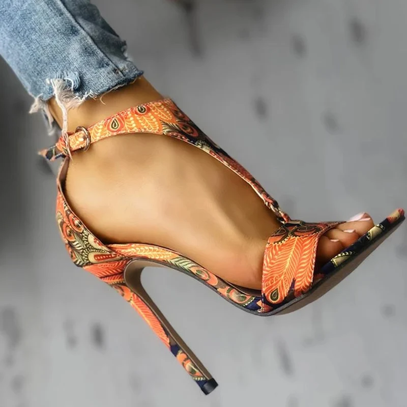 

2020 Woman Sexy Sandals Women Stilettos Peep Toe Print Female High Heels Zipper Mixed Color Ladies Summer Fashion Shoes