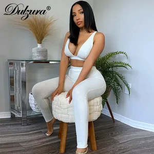 Комплект женский из 2 предметов, короткий топ и леггинсы, в рубчик, с V-образным вырезом, Осень-зима 2020