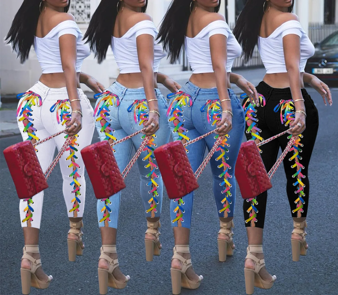 

Sexy Bandage Lace Up Grommet Denim Pants Blue High Waist Pencil Jeans Pants Skinny Bodycon Hole Ripped Trousers 2021