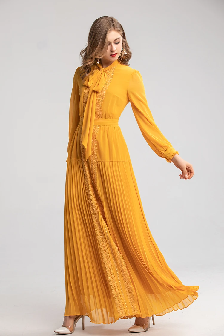 Женские подиумные платья с бантом и воротником длинные рукава кружевные