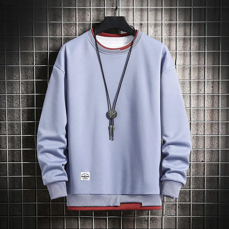 

Mens Casual Sweatshirts Hoodie Men Fake Two Pieces Multi Color O-Neck Fashion Harajuku Style Male Sweatshirt 2021 New