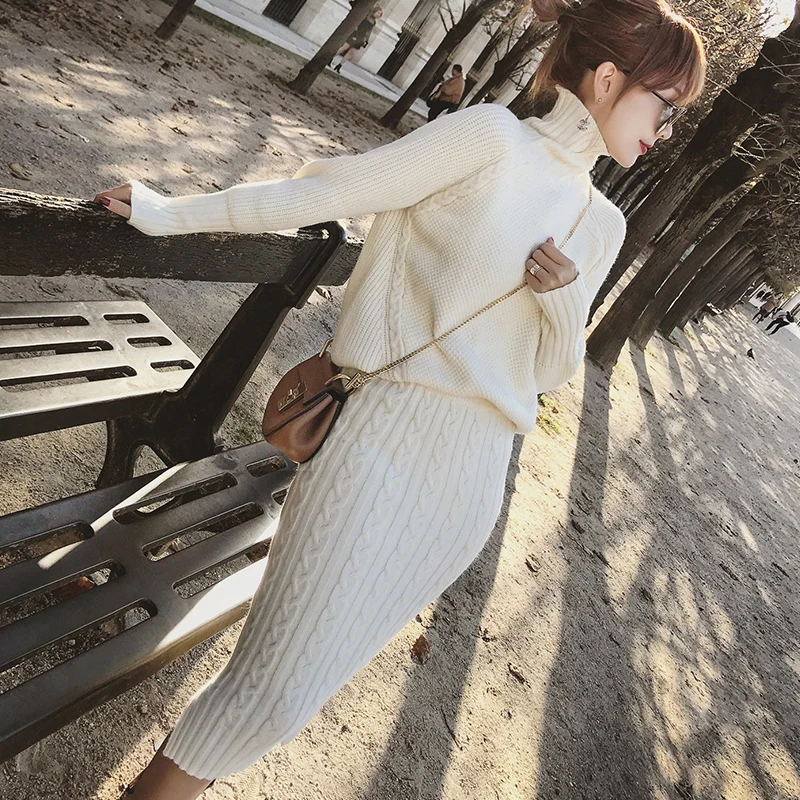 Women Twist Knitted 2 Piece Set Long Sleeve Turtleneck Pullover Sweater + Split Pencil Skirt Lady Runway Knitting Suit | Женская одежда