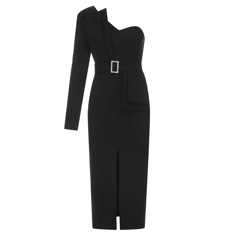 

Max Spri One Shoulder Long Sleeve Cropped Front Split Dress 2019 New Fashion Buckle Belt Women Club Vestidos