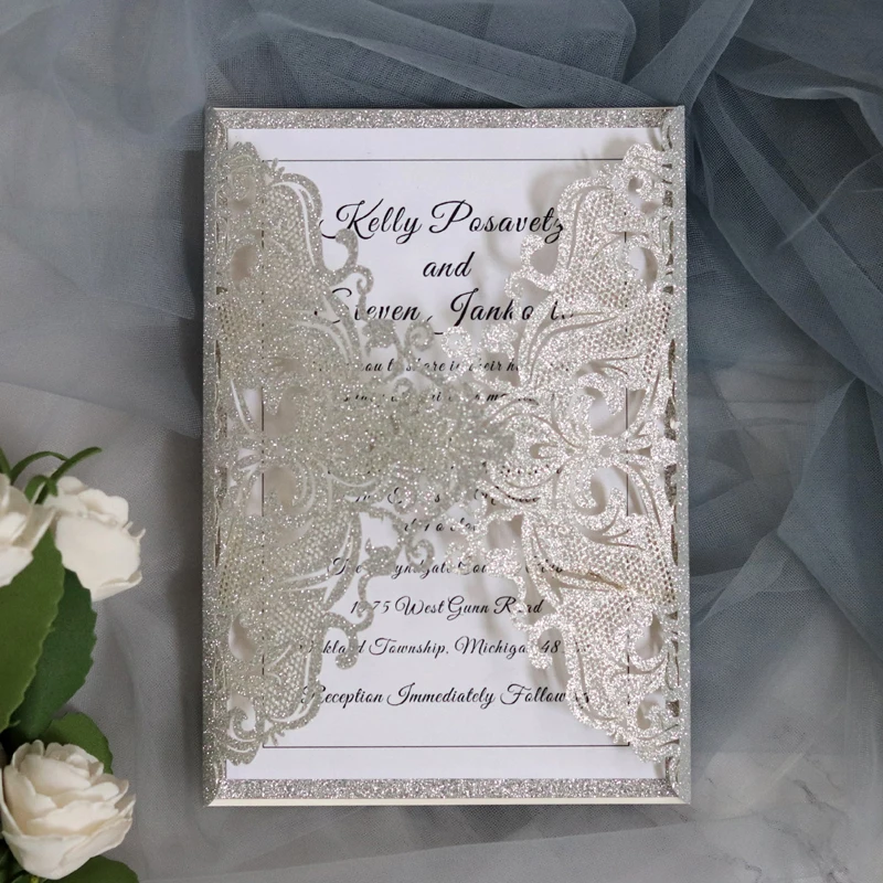 (100 шт./лот) золотые блестящие свадебные пригласительные открытки с принтом на