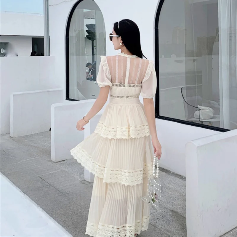 

2021 Dress New Beige Summer High-End Temperament Chiffon Lace Pleated Cake Dress Fairy Round Neck Short Sleeve Maxi Dress Women