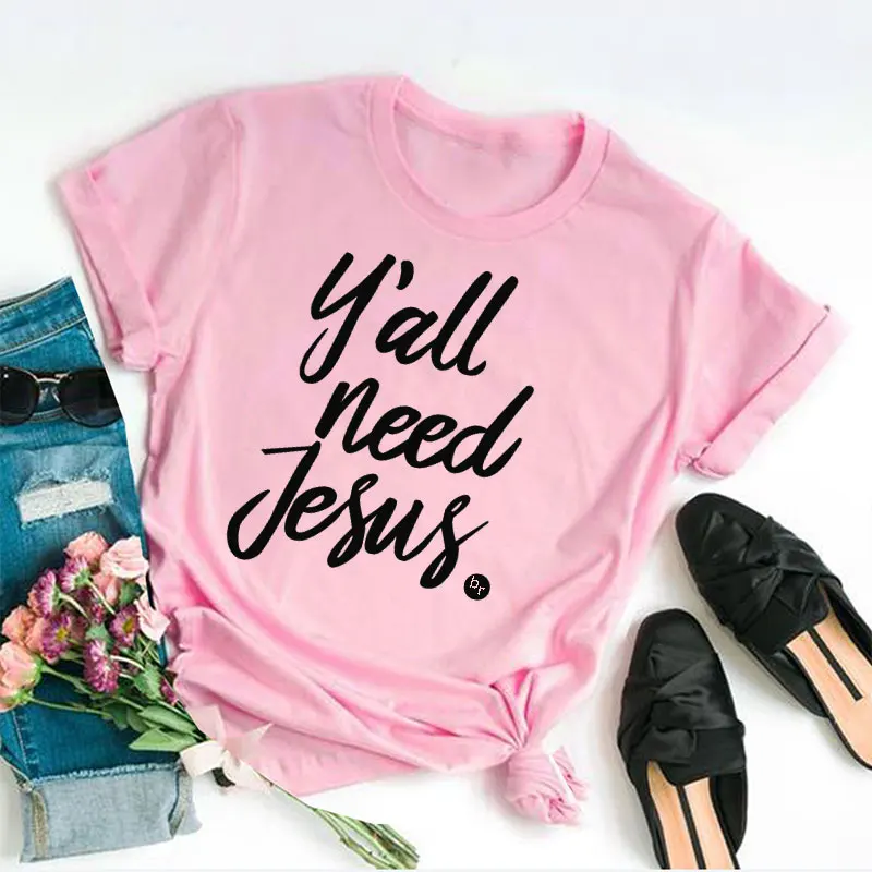Yall need jesus, женские футболки с коротким рукавом, хлопок, футболки с забавным буквенным принтом, графическая женская футболка с круглым вырезом, Прямая поставка