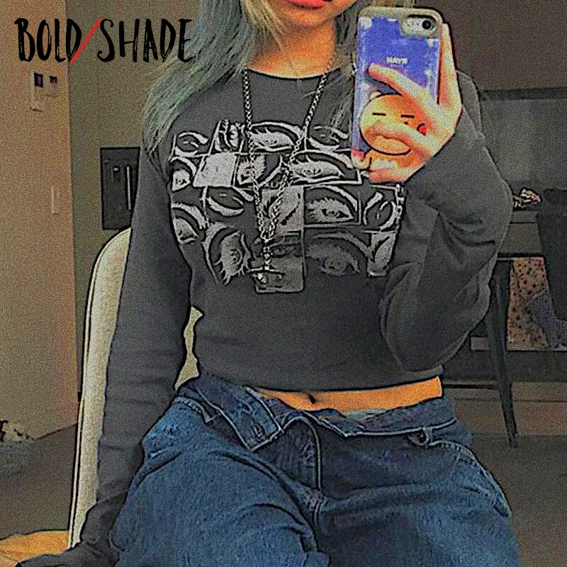 

Bold Shade Gothic Y2K Streetwear Tee Shirt Long Sleeve Graphic Print Crewneck Women Crop Tops 90s Indie Grunge Fashion T-shirts