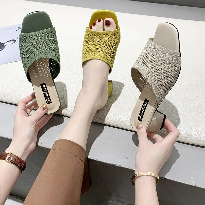 

2021 Summer Sandals Women Shoes Women Mules Slides Peep Toe Square High Heels Sandals Female Shoe Casual Square Heel 35-39 AC811