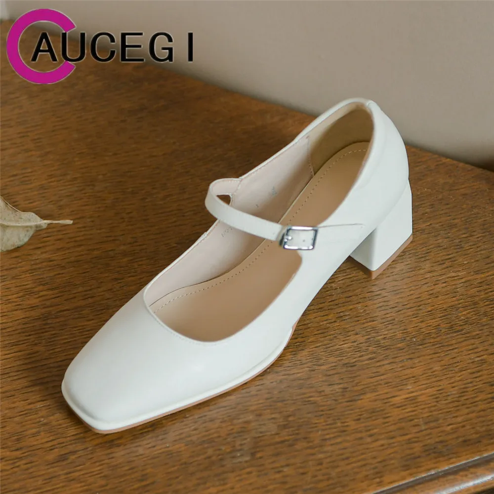 

Aucegi 2022 Spring Autumn Women Pumps Quality Leather Square Toe One-Line Buckle Block Heel Mary Jane Shoes Big Size 34-43
