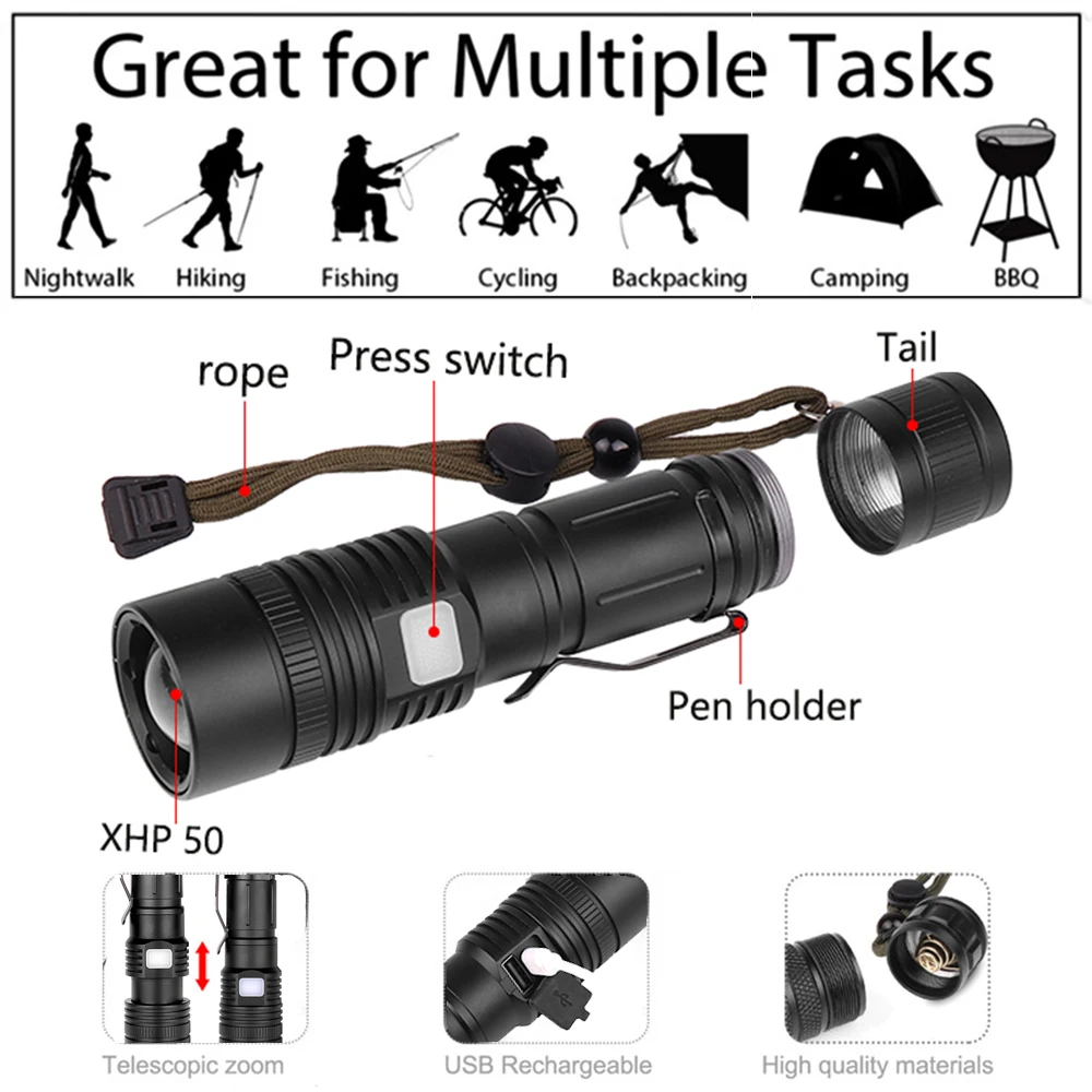 LED Flashlight XHP50.2 Powerful Flashlight USB Rechargeable Torch Zoom LED Torch Waterproof Flashlight by 18650 Battery