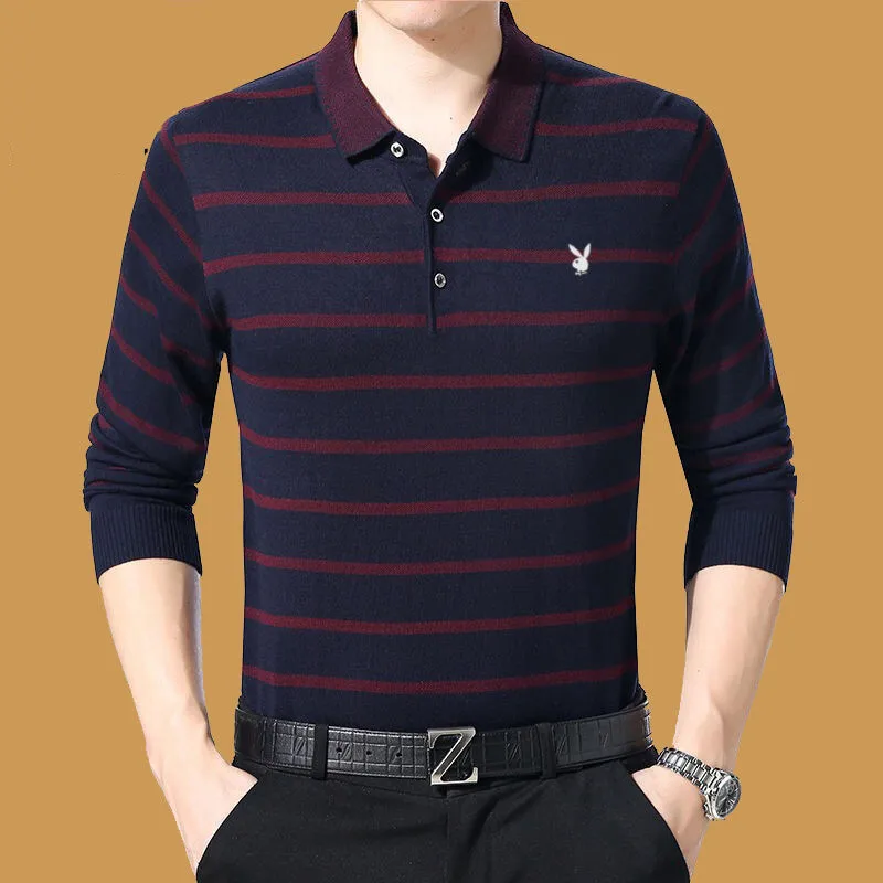 Однотонная рубашка-поло с 3D вышивкой мужская повседневная вязаная длинным