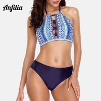anfilia women halter neck bikini set high neck cross swimwear retro wave printed swimsuit sexy bikini bathing suit beachwear