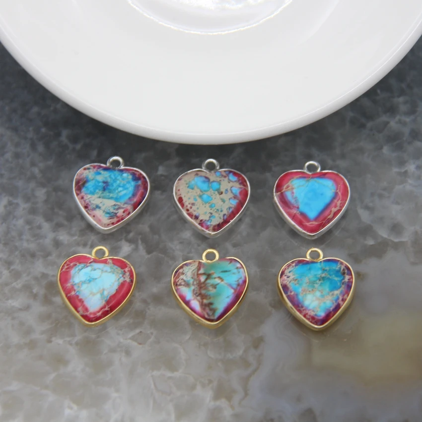 

Natural Emperor Stone Slice Slab Two-color Pendant,Love Heart Shape Sea Sediment Imperial Jaspers Necklace DIY Jewelry Gift