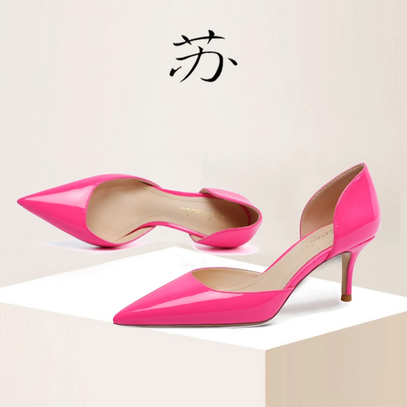 Sexy Hollow High Heels Women 2021 Spring and Autumn New Celebrities 6cm Rose Red Patent Leather Pointed Thin Heel Women