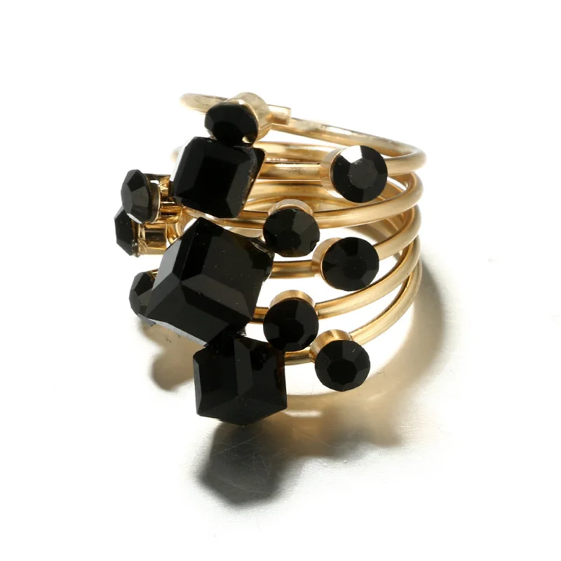 

Womens Resizable Statement Ring with Black Gems Retro Ethnic Jewelry Acrylic Resin Flower Art Deco Unique Rings HSJ846-DG4