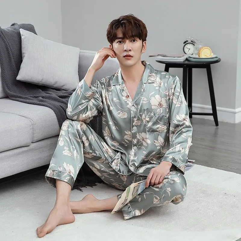 Casual Male Shirt&ampPants Satin Sleepwear Print Pajamas Set Couple Nightgown Nightwear Silky 2PCS Sleep Suit Women Home Clothes | Женская