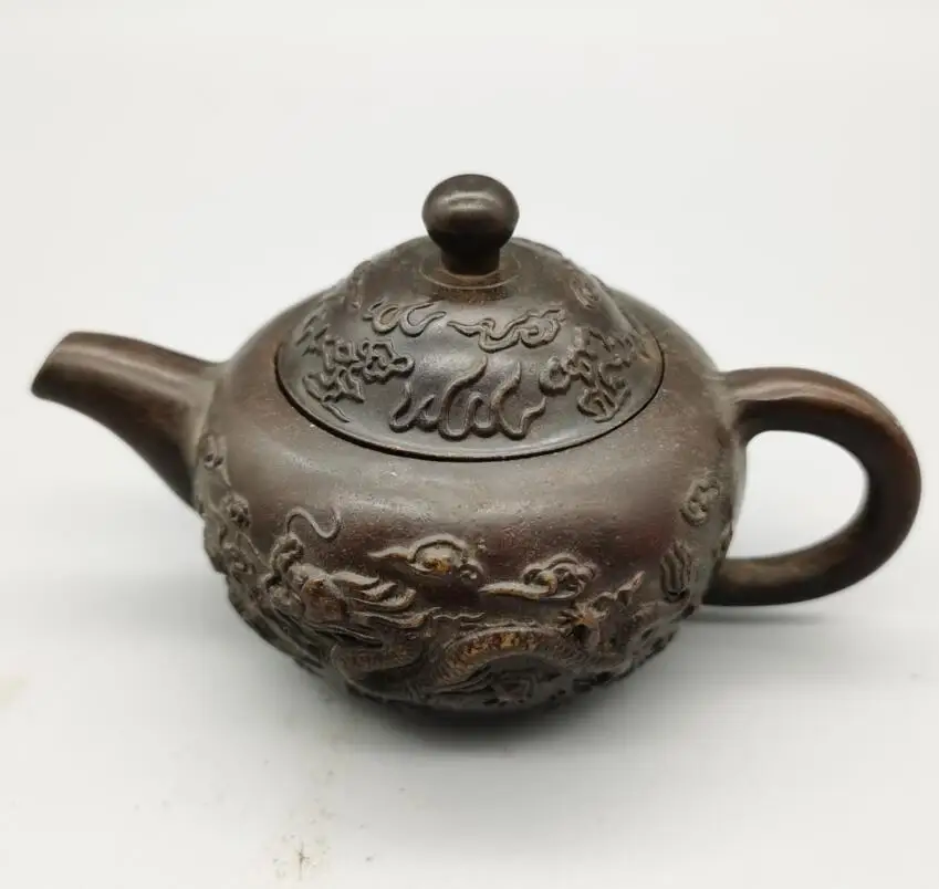 

China brass archaize double dragon teapot crafts statue