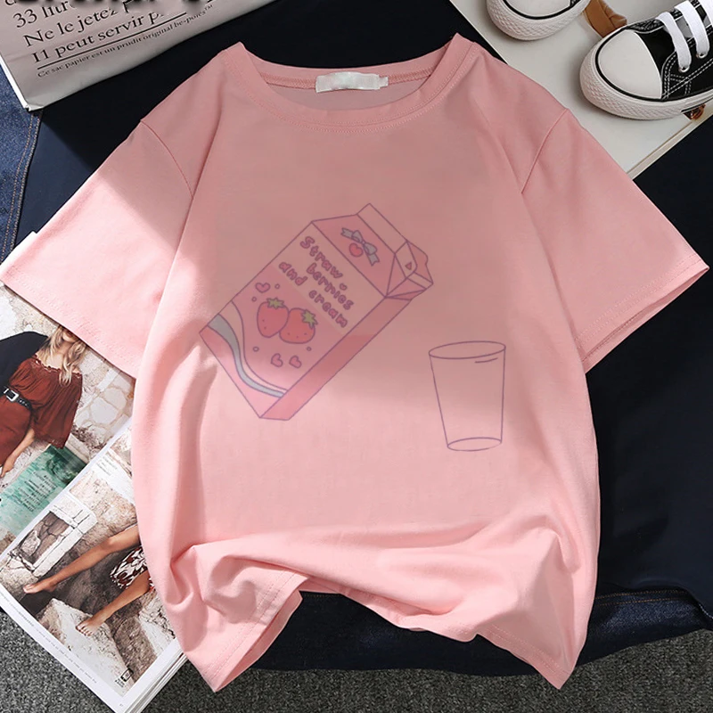 Japan Strawberry Juice Graphic Print T-shirt Women 2020 New Summer Fashion Tshirt Tee Harajuku Aesthetic Pink Top Female T Shirt