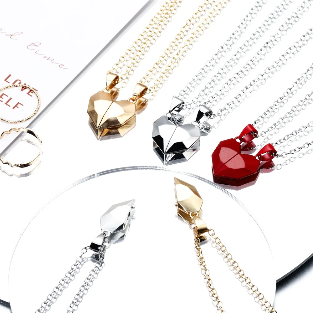 

2Pcs Magnetic Couple Necklace Lover Heart Distance Faceted Paired Pendant Charm Necklace For Women Jewelry Valentine's Day Gift